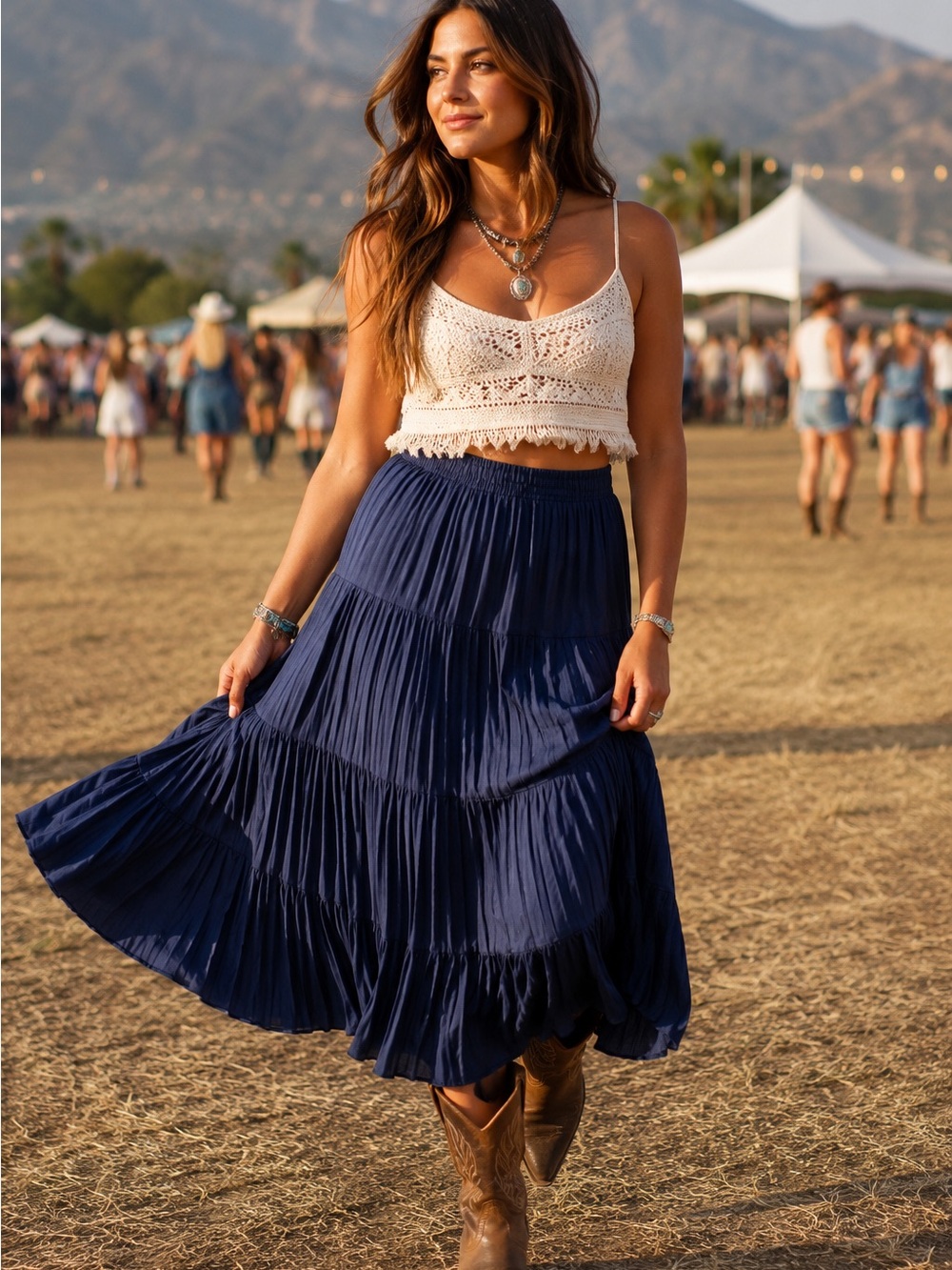 Vintage Western Pleated Midi Skirt Blue Boho Cottagecore Prairie Festival Style